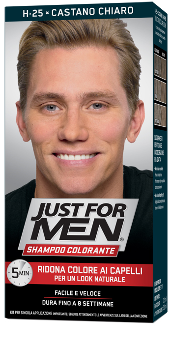 JUST FOR MEN SHAMPOO COLORANTE H25 CASTANO CHIARO ATTIVATORE CHIARO 38,5 ML + BASE COLORE 27,5 ML - farmacia187.it