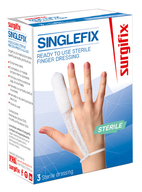 MEDICAZIONE STERILE PER DITO SINGLEFIX, COSTITUITA DA UNA GUAINA IN COTONE E DA UN'IMBOTTITURA INTERNA ASSORBENTE. SI APPLICA DIRETTAMENTE SULLA FERITA E SI FISSA AL POLSO - farmacia187.it