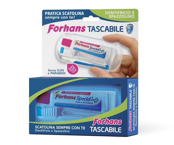 FORHANS TRAVEL KIT TASCABILE COMPOSTO DA SPAZZOLINO DA VIAGGIO + FORHANS SPECIAL PASTA DENTIFRICIA TUBETTO 12,5 ML - farmacia187.it