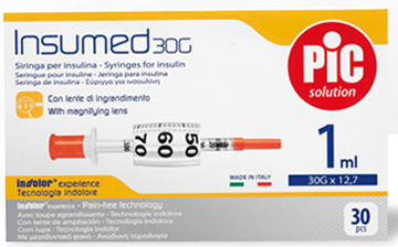 SIRINGA INSULINA PIC INSUMED 1 ML 100 UI AGO GAUGE 30 12,7 MM SENZA SPAZIO MORTO 30 PEZZI - farmacia187.it