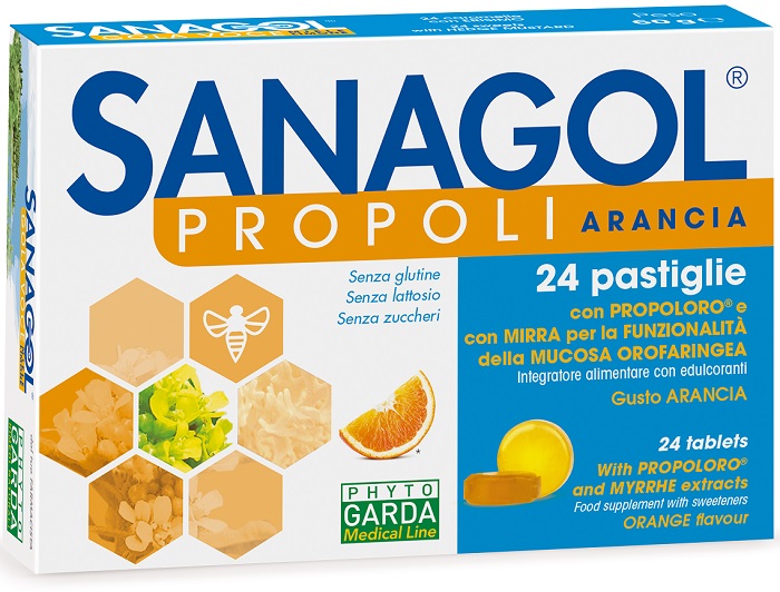 SANAGOL PROPOLI SENZA ZUCCHERO ARANCIA 24 CARAMELLE - farmacia187.it