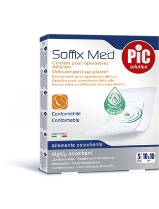 CEROTTO PIC SOFFIX MED IN TNT CON TAMPONE CENTRALE ASSORBENTE STERILE MONOUSO 10X10 CM ANTIBATTERICO 5 PEZZI - farmacia187.it