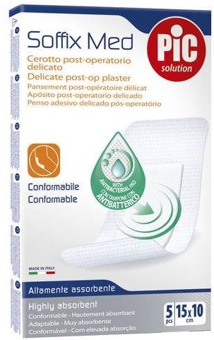 CEROTTO PIC SOFFIX MED IN TNT CON TAMPONE CENTRALE ASSORBENTE STERILE MONOUSO 10X15 CM ANTIBATTERICO 5 PEZZI - farmacia187.it