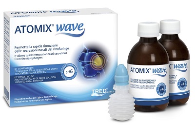 ATOMIX WAVE DISPOSITIVO PER IGIENE RINOFARINGEA ATOMIX SOLUZIONE SALINA 250 ML 2 PEZZI + TERMINALE NASALE + EROGATORE A SOFFIETTO - farmacia187.it