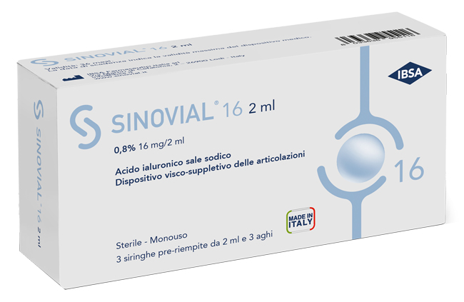 SIRINGA INTRA-ARTICOLARE SINOVIAL 16 ACIDO IALURONICO SALE SODICO 0,8% 16MG/2ML 3 SIRINGHE X 2ML + 3 AGHI - farmacia187.it