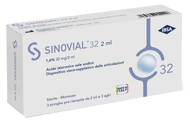 SIRINGA INTRA-ARTICOLARE SINOVIAL 32 ACIDO IALURONICO SALE SODICO 1,6% 32MG/2ML 3 SIRINGHE X 2ML + 3 AGHI - farmacia187.it