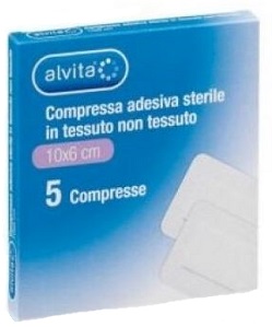 ALVITA GARZA COMPRESSA ADESIVA STERILE IN TESSUTO NON TESSUTO ESTENSIBILE BIANCO 10X6CM 5 PEZZI - farmacia187.it