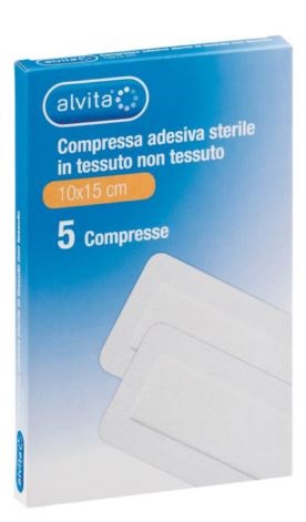 ALVITA GARZA COMPRESSA ADESIVA STERILE IN TESSUTO NON TESSUTO ESTENSIBILE BIANCO 10X15CM 5 PEZZI - farmacia187.it
