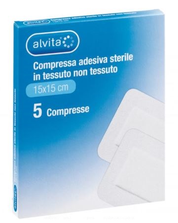 ALVITA GARZA COMPRESSA ADESIVA STERILE IN TESSUTO NON TESSUTO ESTENSIBILE BIANCO 15X15CM 5 PEZZI - farmacia187.it
