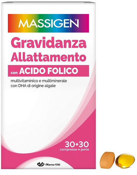 MASSIGEN GRAVIDANZA ALLATTAMENTO CON ACIDO FOLICO MULTIVITAMINICO E MULTIMINERALE 30 COMPRESSE RIVESTITE DA 1,1 G + 30 PERLE DA 700 MG - farmacia187.it