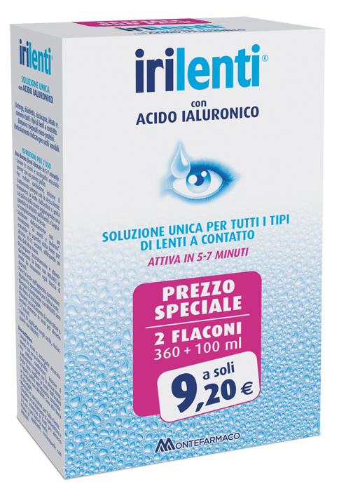 SOLUZIONE UNICA PER LENTI A CONTATTO IRILENTI CON ACIDO IALURONICO 2 FLACONI DA 360 ML + 100 ML - farmacia187.it