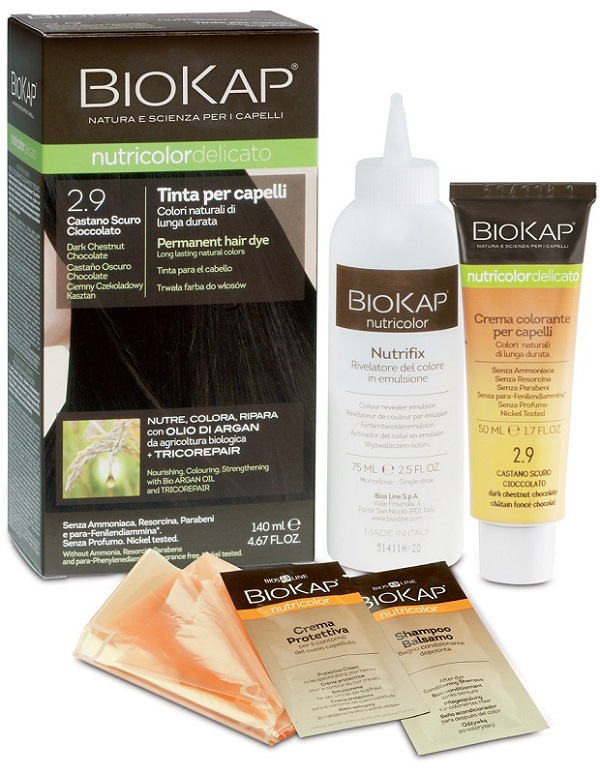 BIOKAP NUTRICOLOR DELICATO 2,9 CASTANO SCURO CIOCCOLATO TINTA TUBO + FLACONE - farmacia187.it