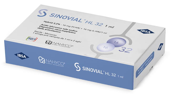 SIRINGA INTRA-ARTICOLARE SINOVIAL HL 32 ACIDO IALURONICO SALE SODICO 16MG H-HA + 16MG H-LA/1ML + AGO 22 GAUGE + AGO 29 GAUGE - farmacia187.it