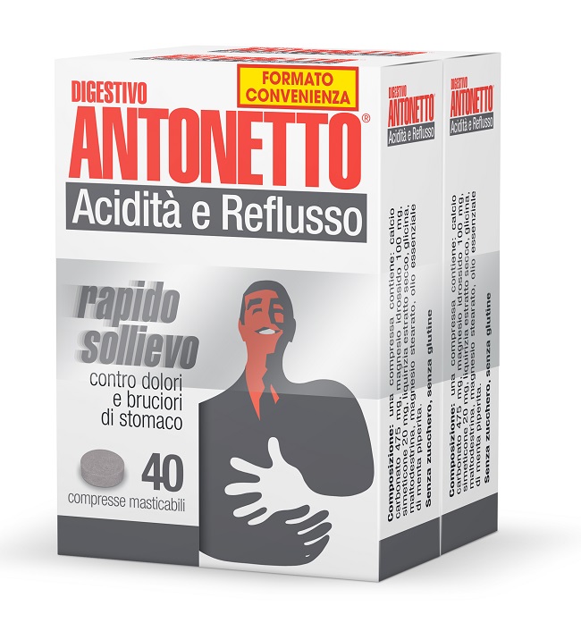 DIGESTIVO ANTONETTO ACIDITA' E REFLUSSO 80 COMPRESSE MASTICABILI 2 ASTUCCI DA 40 COMPRESSE - farmacia187.it