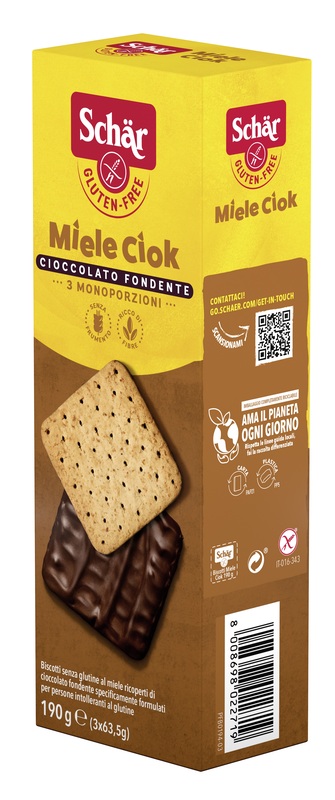 SCHAR MIELE CIOK BISCOTTI AL MIELE RICOPERTI DI CIOCCOLATO FONDENTE 3 PORZIONI DA 63,5 G - farmacia187.it