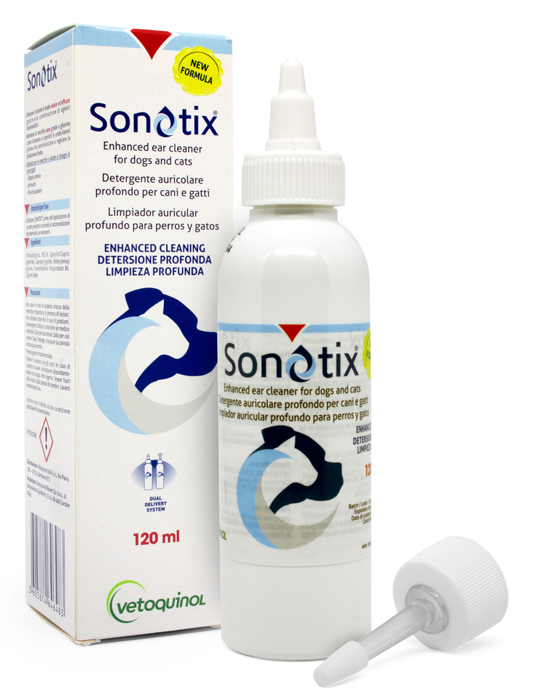 SONOTIX DETERGENTE AURICOLARE PROFONDO CANI E GATTI 120 ML + CANNULA CORTA RIGIDA + CANNULA LUNGA FLESSIBILE - farmacia187.it