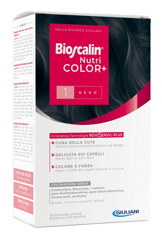 BIOSCALIN NUTRICOLOR PLUS 1 NERO CREMA COLORANTE 40 ML + RIVELATORE CREMA 60 ML + SHAMPOO 12 ML + TRATTAMENTO FINALE BALSAMO 12 ML - farmacia187.it