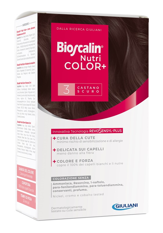 BIOSCALIN NUTRICOLOR PLUS 3 CASTANO SCURO CREMA COLORANTE 40 ML + RIVELATORE CREMA 60 ML + SHAMPOO 12 ML + TRATTAMENTO FINALE BALSAMO 12 ML - farmacia187.it