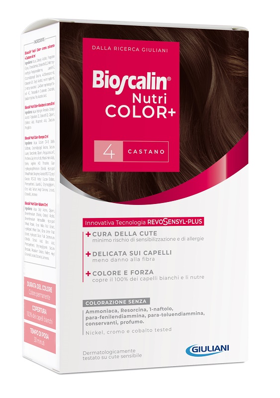 BIOSCALIN NUTRICOLOR PLUS 4 CASTANO CREMA COLORANTE 40 ML + RIVELATORE CREMA 60 ML + SHAMPOO 12 ML + TRATTAMENTO FINALE BALSAMO 12 ML - farmacia187.it