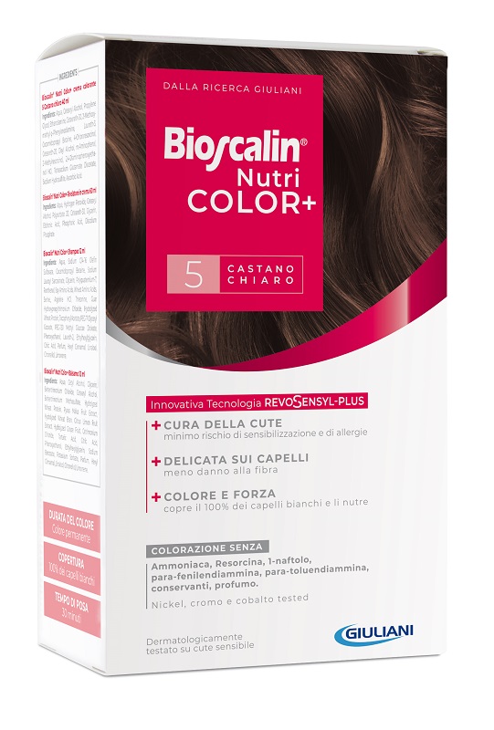 BIOSCALIN NUTRICOLOR PLUS 5 CASTANO CHIARO CREMA COLORANTE 40 ML + RIVELATORE CREMA 60 ML + SHAMPOO 12 ML + TRATTAMENTO FINALE BALSAMO 12 ML - farmacia187.it
