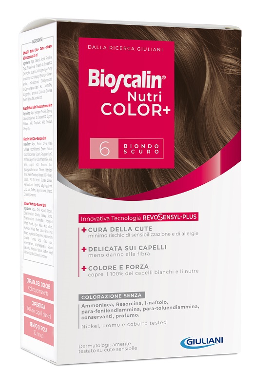 BIOSCALIN NUTRICOLOR PLUS 6 BIONDO SCURO CREMA COLORANTE 40 ML + RIVELATORE CREMA 60 ML + SHAMPOO 12 ML + TRATTAMENTO FINALE BALSAMO 12 ML - farmacia187.it