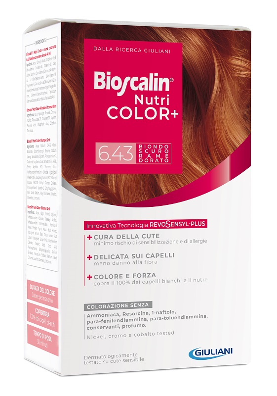 BIOSCALIN NUTRICOLOR PLUS 6,43 BIONDO SCURO RAME DORATO CREMA COLORANTE 40 ML + RIVELATORE CREMA 60 ML + SHAMPOO 12 ML + TRATTAMENTO FINALE BALSAMO 12 ML - farmacia187.it