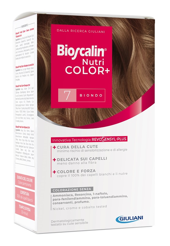 BIOSCALIN NUTRICOLOR PLUS 7 BIONDO CREMA COLORANTE 40 ML + RIVELATORE CREMA 60 ML + SHAMPOO 12 ML + TRATTAMENTO FINALE BALSAMO 12 ML - farmacia187.it