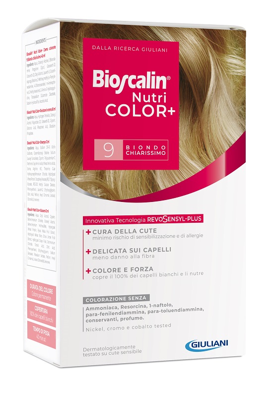 BIOSCALIN NUTRICOLOR PLUS 9 BIONDO CHIARISSIMO CREMA COLORANTE 40 ML + RIVELATORE CREMA 60 ML + SHAMPOO 12 ML + TRATTAMENTO FINALE BALSAMO 12 ML - farmacia187.it