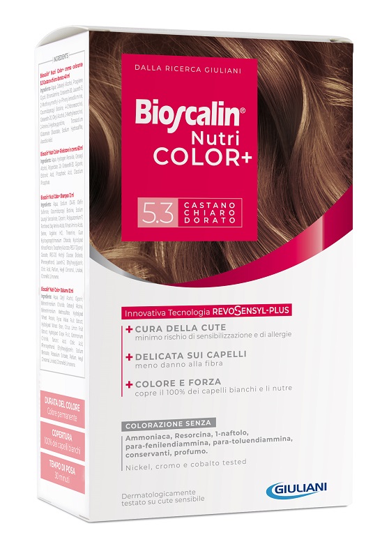 BIOSCALIN NUTRICOLOR PLUS 5,3 CASTANO CHIARO DORATO CREMA COLORANTE 40 ML + RIVELATORE CREMA 60 ML + SHAMPOO 12 ML + TRATTAMENTO FINALE BALSAMO 12 ML - farmacia187.it
