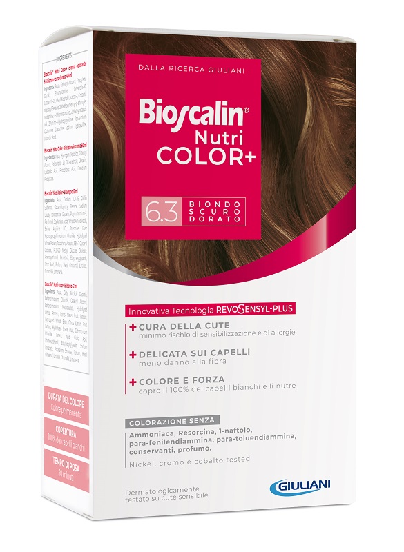 BIOSCALIN NUTRICOLOR PLUS 6,3 BIONDO SCURO DORATO CREMA COLORANTE 40 ML + RIVELATORE CREMA 60 ML + SHAMPOO 12 ML + TRATTAMENTO FINALE BALSAMO 12 ML - farmacia187.it
