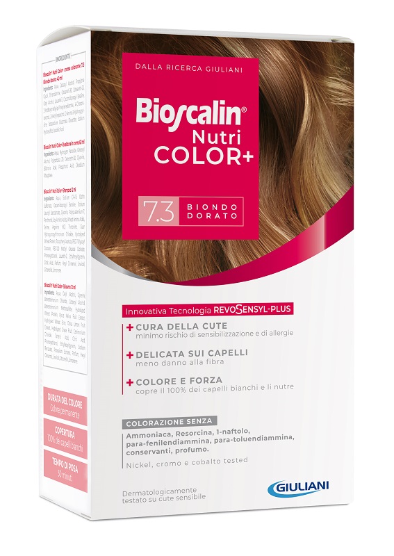 BIOSCALIN NUTRICOLOR PLUS 7,3 BIONDO DORATO CREMA COLORANTE 40 ML + RIVELATORE CREMA 60 ML + SHAMPOO 12 ML + TRATTAMENTO FINALE BALSAMO 12 ML - farmacia187.it