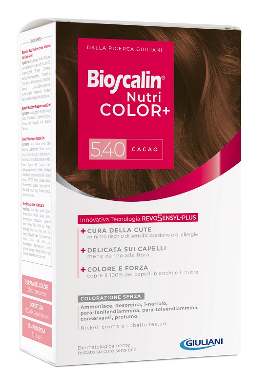 BIOSCALIN NUTRICOLOR PLUS 5,40 CACAO CREMA COLORANTE 40 ML + RIVELATORE CREMA 60 ML + SHAMPOO 12 ML + TRATTAMENTO FINALE BALSAMO 12 ML - farmacia187.it