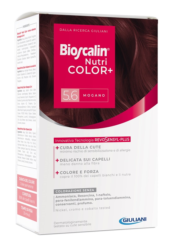 BIOSCALIN NUTRICOLOR PLUS 5,6 MOGANO CREMA COLORANTE 40 ML + RIVELATORE CREMA 60 ML + SHAMPOO 12 ML + TRATTAMENTO FINALE BALSAMO 12 ML - farmacia187.it