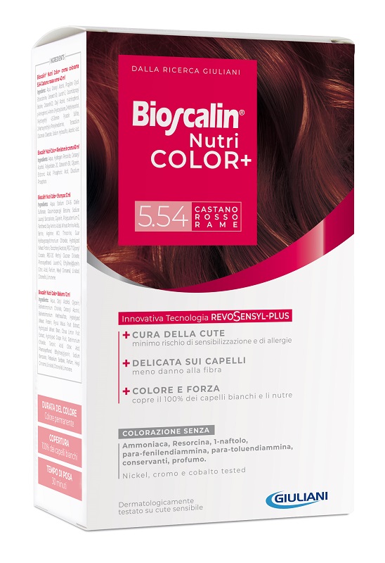 BIOSCALIN NUTRICOLOR PLUS 5,54 CASTANO ROSSO RAME CREMA COLORANTE 40 ML + RIVELATORE CREMA 60 ML + SHAMPOO 12 ML + TRATTAMENTO FINALE BALSAMO 12 ML - farmacia187.it