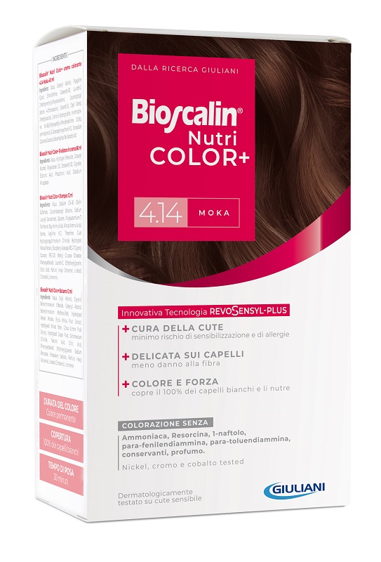 BIOSCALIN NUTRICOLOR PLUS 4,14 MOKA CREMA COLORANTE 40 ML + RIVELATORE CREMA 60 ML + SHAMPOO 12 ML + TRATTAMENTO FINALE BALSAMO 12 ML - farmacia187.it