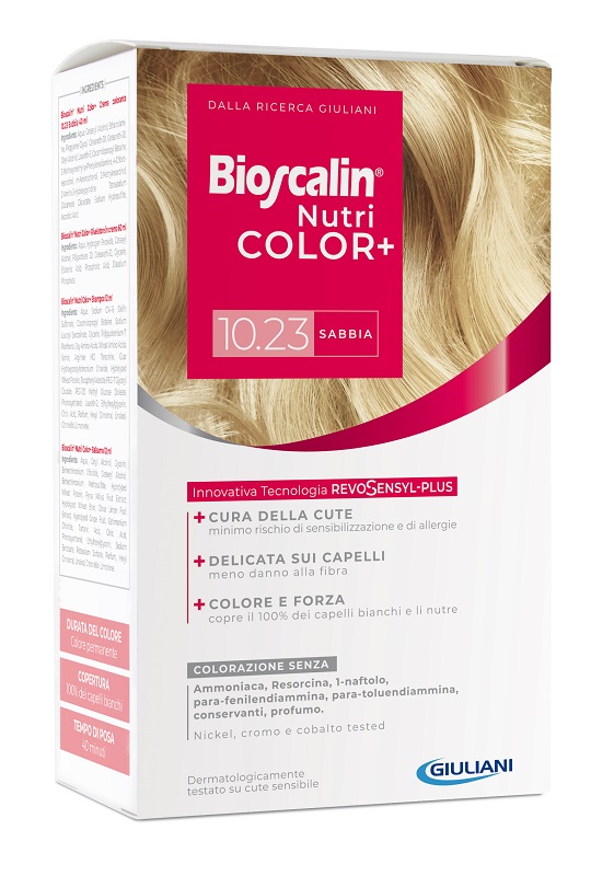 BIOSCALIN NUTRICOLOR PLUS 10,23 SABBIA CREMA COLORANTE 40 ML + RIVELATORE CREMA 60 ML + SHAMPOO 12 ML + TRATTAMENTO FINALE BALSAMO 12 ML - farmacia187.it